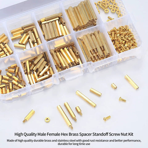 520 Piece Top Shelf Brass Hex Standoffs M2 Male Female Board Spacers For PCB Projects Featuring Slick Deep Threads And Knockout Rust Protection For Your Latest Tech Rig Build displayed in organized kit.