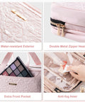 Close-up of pink travel toiletry bag with water-resistant exterior, double zippers, front pocket, and anti-fog inner compartments.