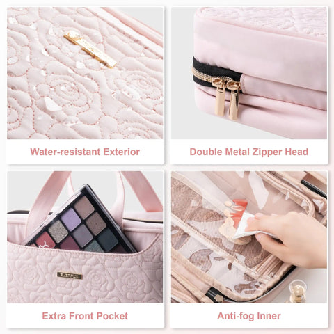 Close-up of pink travel toiletry bag with water-resistant exterior, double zippers, front pocket, and anti-fog inner compartments.