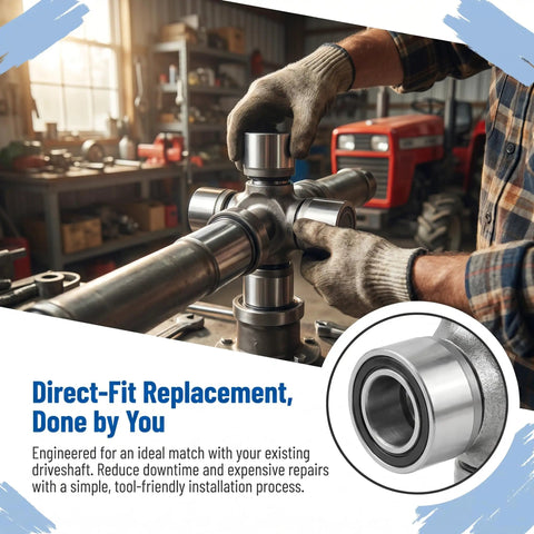 Hands installing Beefy Universal Joint Kit For Tractor Driveshaft With Needle Bearing 441M, heavy duty alloy steel, in workshop