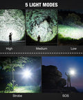 Rechargeable 90000 Lumen Flashlights Two Pack With 5 Light Modes demonstrating high, medium, low, strobe, and SOS modes outdoors