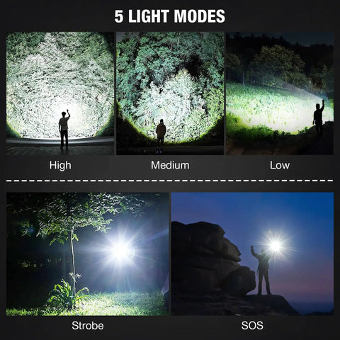 Rechargeable 90000 Lumen Flashlights Two Pack With 5 Light Modes demonstrating high, medium, low, strobe, and SOS modes outdoors