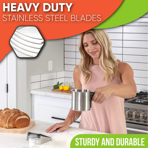 Woman using Pro Grade Dough Blender For Cutting Cold Butter Into Flour Like A Kitchen Boss With Heavy Duty Stainless Steel Blades