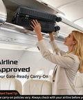 Person placing 20" carry-on from 3 Piece ABS Luggage Set With Spinner Wheels Hardside in airplane overhead compartment