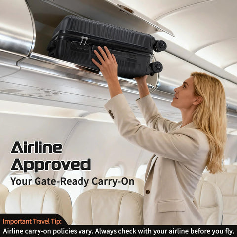Person placing 20" carry-on from 3 Piece ABS Luggage Set With Spinner Wheels Hardside in airplane overhead compartment