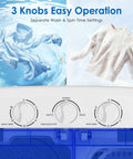 Game Changer Compact Twin Tub Portable Washing Machine With Fast Spin Dryer And Simple Dial Controls showing easy operation knobs and wash settings.