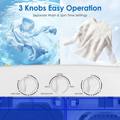 Game Changer Compact Twin Tub Portable Washing Machine With Fast Spin Dryer And Simple Dial Controls showing easy operation knobs and wash settings.