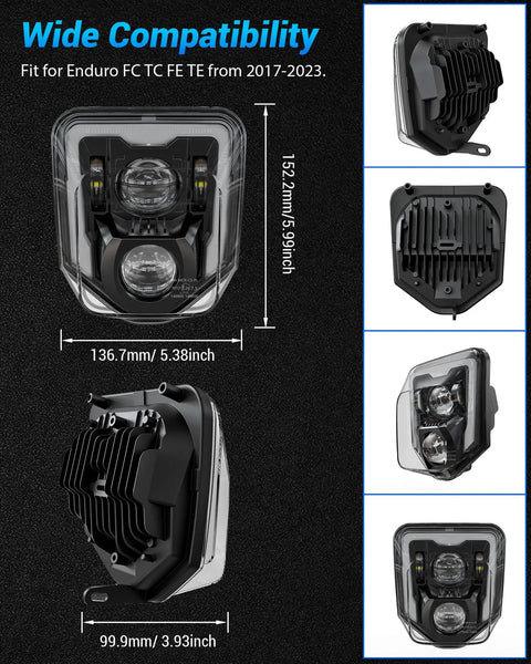 3200LM Dirt Bike Headlight With DRL For Husqvarna 2017 To 2023 Enduro Motocross Models FE250 FE350 FE450 FE501 FE501S FE701SM TE150 TE250i TE300i TX125 FC250 FC350 FC450 Pit Bike Black