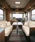 RV interior with Boho RV Dinette Cushion Covers Set 6 Piece Stretchy Washable Replacement for Camper Car Benches installed.