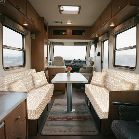 RV interior with Boho RV Dinette Cushion Covers Set 6 Piece Stretchy Washable Replacement for Camper Car Benches installed.