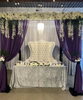 Decorated wedding venue with Three Tier Sparkling Iridescent Acrylic Beaded Hanging Chandelier With Diamond Cut Beads, purple drapes