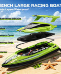 Exploded view of green Beast 19 Inch Brushless RC Racing Boat showing interior parts, on beach backdrop.