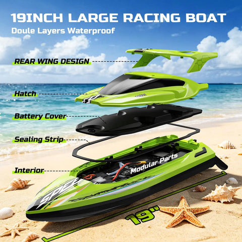 Exploded view of green Beast 19 Inch Brushless RC Racing Boat showing interior parts, on beach backdrop.