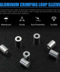 Top Tier Aluminum Wire Rope Stop Sleeves 1/16 Inch 1.5mm Crimp Loops 100 Pack displayed on black background.