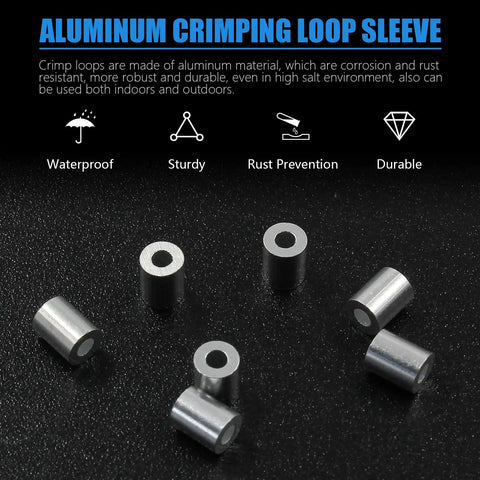 Top Tier Aluminum Wire Rope Stop Sleeves 1/16 Inch 1.5mm Crimp Loops 100 Pack displayed on black background.