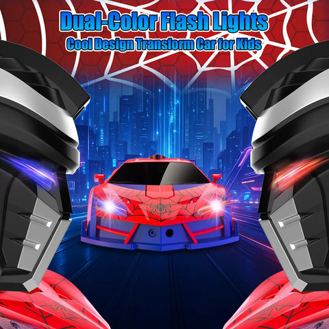Spider Transform Remote Control Car For Boys 2-In-1 Car And Robot with dual color lights and city background