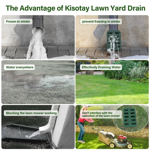 Angled Lawn Drainage Grate For Yard Green Drain Grate Emitter For Sump Pump Discharge and Downspout Extensions in use.