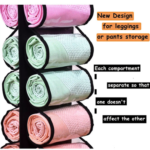 Leggings Storage Roller Organizer With 24 Clear Compartments, Foldable Portable Closet Rack showing rolled clothes in pockets