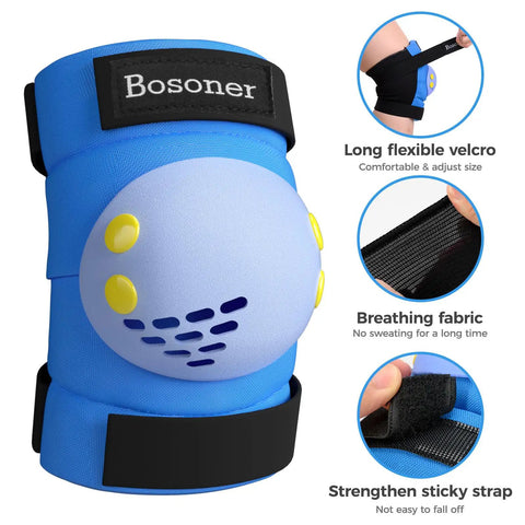 Close-up of Kids Protective Gear Set knee pad with breathable fabric for roller skates, cycling, BMX, skateboard, and scooter rides.