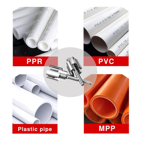Gcoujrl Dual-Function Pipe Threading Tool Kit For PVC Pipes With Screw Extractor And Sealant Tape Electric Drill Compatible essential plumbing gear displaying various pipe types.