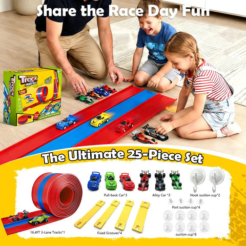 16ft Flexible Race Track For Kids 3 Plus with 3 Lane Roll Up Design includes 4 Pull Back Cars; kids playing on floor with set