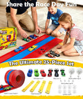 Children playing with Hot Wheels Compatible 16 Ft Flex Track Roll Up Stunt Track in red and blue with diecast 1/64 cars and ramps.