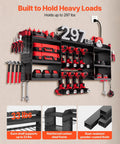 Power Tool Organizer With Charging Station And Eight Outlet Power Strip Three Tier Tool Rack With Eight Drill Slots And Side Hooks for Screwdrivers Peg Hooks And More Ideal Garage Workbench Storage Solution.