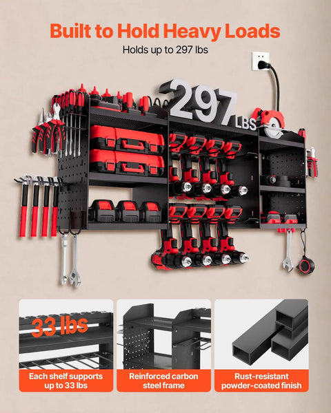 Power Tool Organizer With Charging Station And Eight Outlet Power Strip Three Tier Tool Rack With Eight Drill Slots And Side Hooks for Screwdrivers Peg Hooks And More Ideal Garage Workbench Storage Solution.