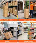 Heavy Duty Stair Climbing Hand Truck With Quick Fold Frame And Smooth Rolling Wheels For Zero Stress Moving No Sweat 300 Lb Cargo Hauler For Home Or Warehouse Runs in warehouse with stacked boxes.