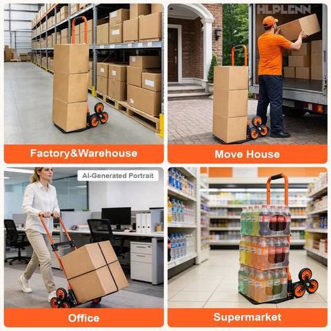 Heavy Duty Stair Climbing Hand Truck With Quick Fold Frame And Smooth Rolling Wheels For Zero Stress Moving No Sweat 300 Lb Cargo Hauler For Home Or Warehouse Runs in warehouse with stacked boxes.