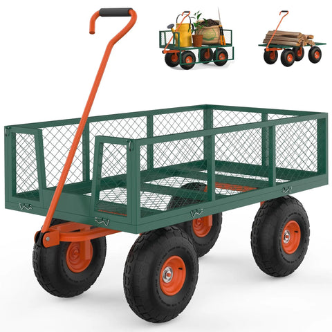 Heavy Duty 3 In 1 Garden Cart With Removable Mesh Sides And 10 Inch All Terrain Wheels Steel Utility Wagon for Yard Farm and Lawn Up To 1200 Lb Capacity Rust Resistant Powder Coat Finish, green and orange