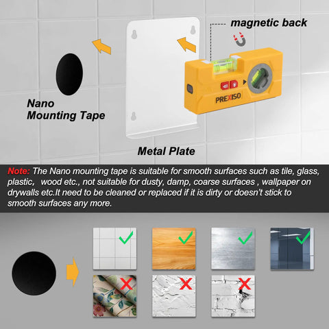 2-In-1 Line Laser Level with Light and Rotatable Magnetic Pocket Level shown with nano mounting tape and metal plate on a wall