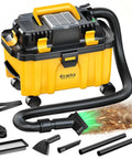 Cordless 2.5 Gallon Wet Dry Shop Vacuum With 15KPa Suction, Brushless Motor, and 4 attachments displayed on white background.