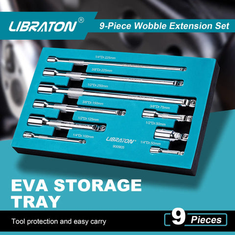 Heavy Duty Wobble Extension Set 9pc CrV Chrome Plated With EVA Storage Tray displaying extension sizes and tray