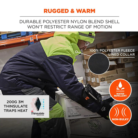 Heavy Duty Insulated Freezer Jacket Tailored To Brutal Cold Storage Jobs worn by worker in cold storage, showcasing durable shell and fleece collar.