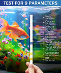 9 In 1 Aquarium Test Strips 150 Count Fish Tank Water Testing Kit showing readings for iron, copper, nitrate, nitrite, chlorine, pH.