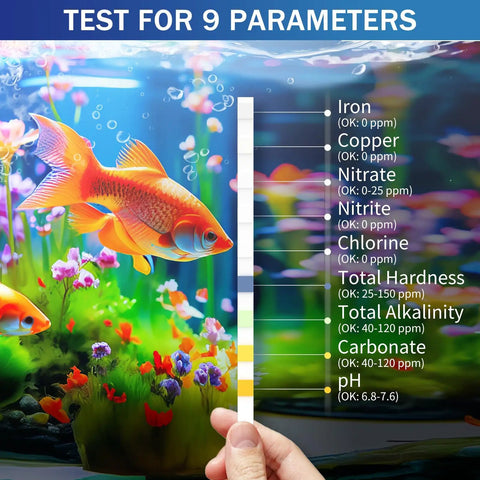 9 In 1 Aquarium Test Strips 150 Count Fish Tank Water Testing Kit showing readings for iron, copper, nitrate, nitrite, chlorine, pH.