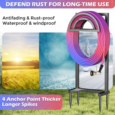 Rugged Tough As Nails Heavy Duty Outdoor Hose Holder Reel With Four Spikes Freestanding Metal Hose Storage Stand For 150 Ft Hose Detachable Yard Garden Rack For Outside Farm Black, shown with hose displayed, highlighting antifading, rust-proof and waterproof features.