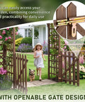 Child and dog walking through 7.1Ft Wooden Garden Arbor With Gate And Picket Fences Lattice Sides Weather Resistant Arch Trellis
