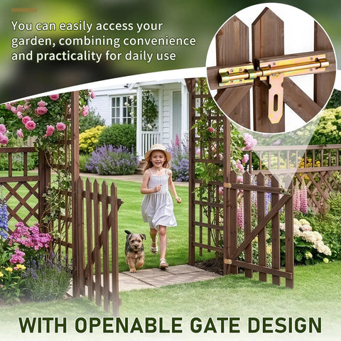 Child and dog walking through 7.1Ft Wooden Garden Arbor With Gate And Picket Fences Lattice Sides Weather Resistant Arch Trellis