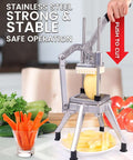 French fry cutter, front view, stainless steel with four-blade set on a stand and potato inserted.