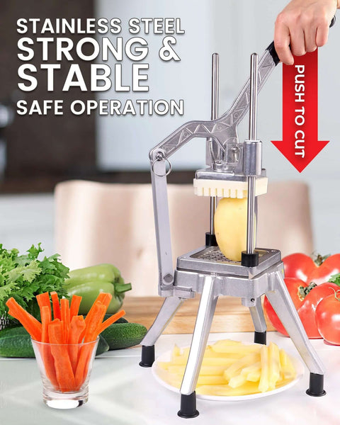 French fry cutter, front view, stainless steel with four-blade set on a stand and potato inserted.