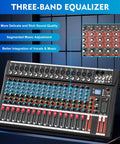 Sixteen Channel Digital Audio Mixer with 48V Phantom Power USB Slot, LED Screen, Bluetooth, three-band EQ