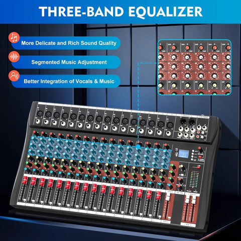 Sixteen Channel Digital Audio Mixer with 48V Phantom Power USB Slot, LED Screen, Bluetooth, three-band EQ