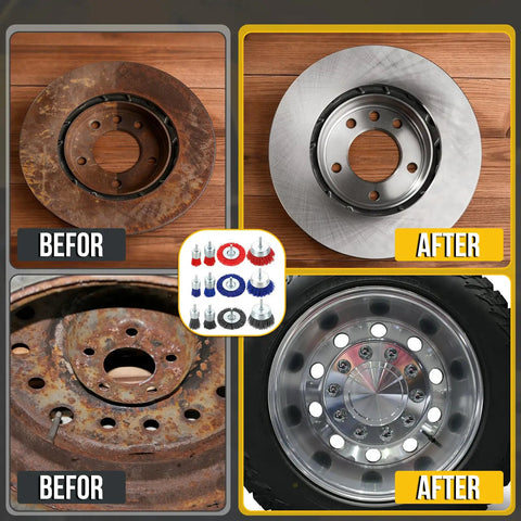 Before and after cleaning results using Top Shelf 12 Piece Wire Wheel And Pen Brush Set For Power Drills.