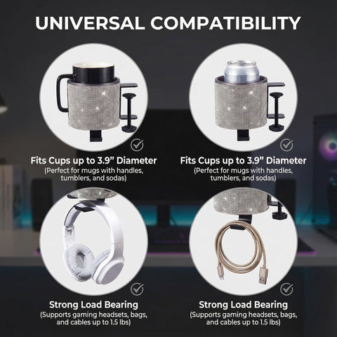 Universal compatibility of the 2 In 1 Desk Cup Holder And Headphone Hanger With Bling Bling Crystal Diamond Acrylic Design for various cups and heavy loads.