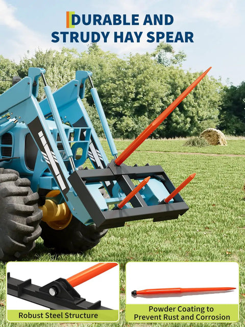 49 Inch Hay Spear With 3000 Lbs Capacity Orange Powder Coated Bale Fork attached to tractor in field