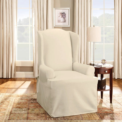 Cotton Duck Wing Chair Slipcover One Piece T Cushion Fit Cozy Woven Look 100 Percent Cotton Machine Washable Natural Color.