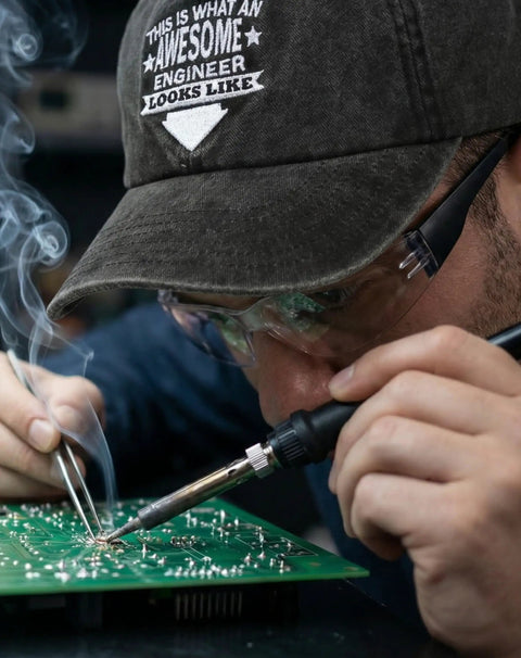 Man soldering while wearing Adjustable Vintage Washed Cotton Embroidered Cap For Engineers And Mechanics The Ultimate Gift For Mechanical Engineers Men And Women Dark Grey Comfortable Fit Durable Everyday Workwear Hat.