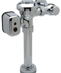 Heavy Duty Exposed Hardwired Sensor Flush Valve With No Hassle Wiring And Tough As Nails Diaphragm For Commercial Restrooms And 1 28 Gallons Per Flush Chrome close-up angle view.